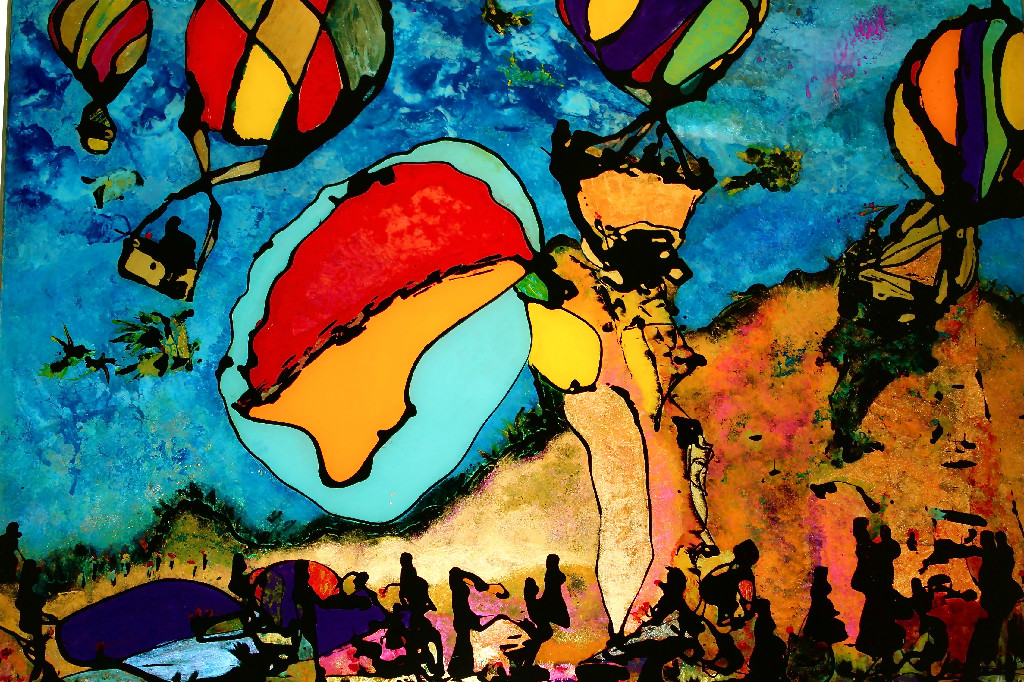 Abstract reverse glass painting of hot air balloons in Cappadocia, Turkey