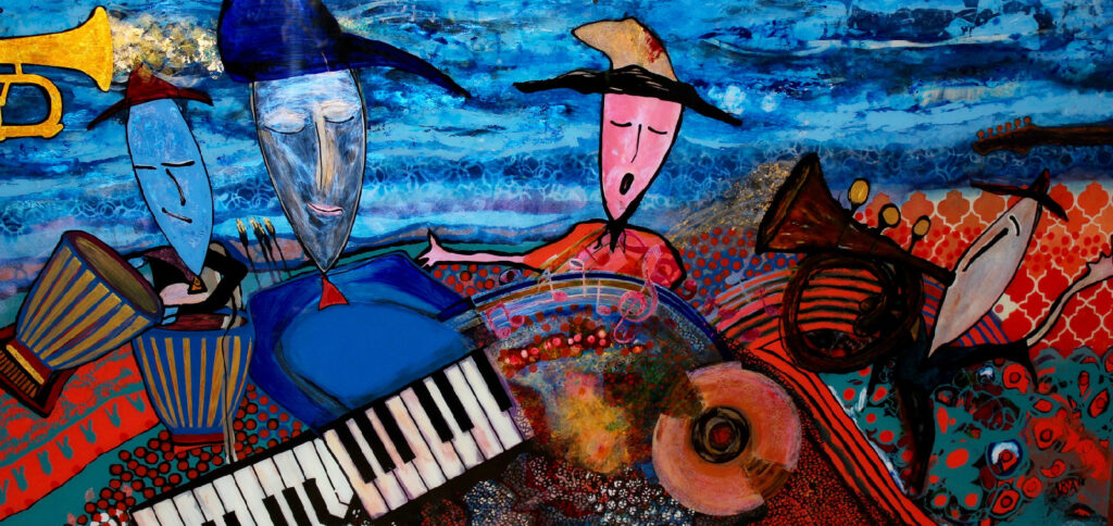 reverse painted glass abstract musicians 